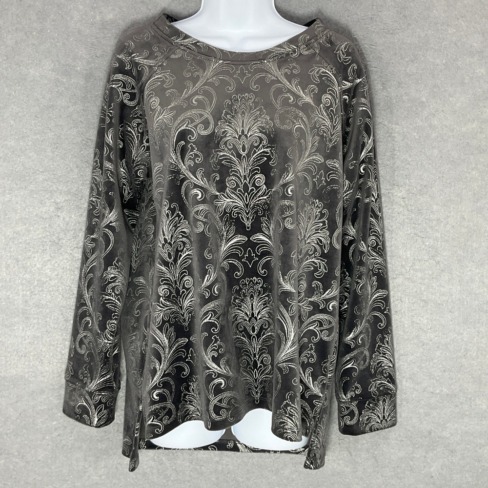 Chico's Zenergy Sweater Women Sz 1‎ (M) Damask Print Velvet Gray Silver Pullover